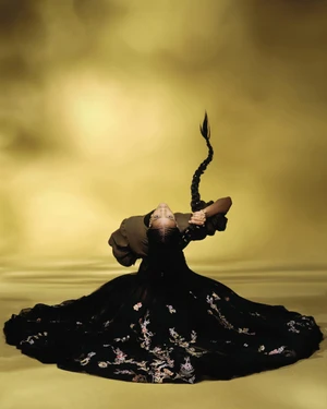 Model in a black embroidered gown with an elaborate braided hairstyle against a golden background