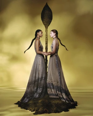 Two female models in long patterned dresses holding hands before an organic sculpture against a warm hazy backdrop.