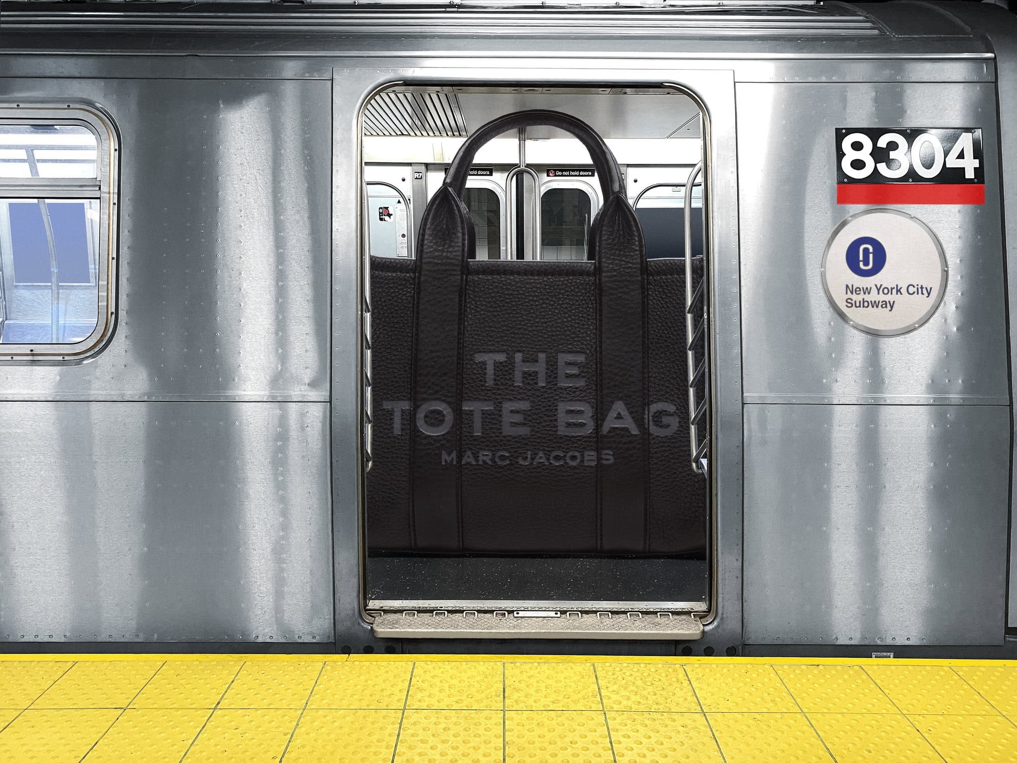 Large black leather tote bag filling the open sliding door of a silver subway train car on a platform.