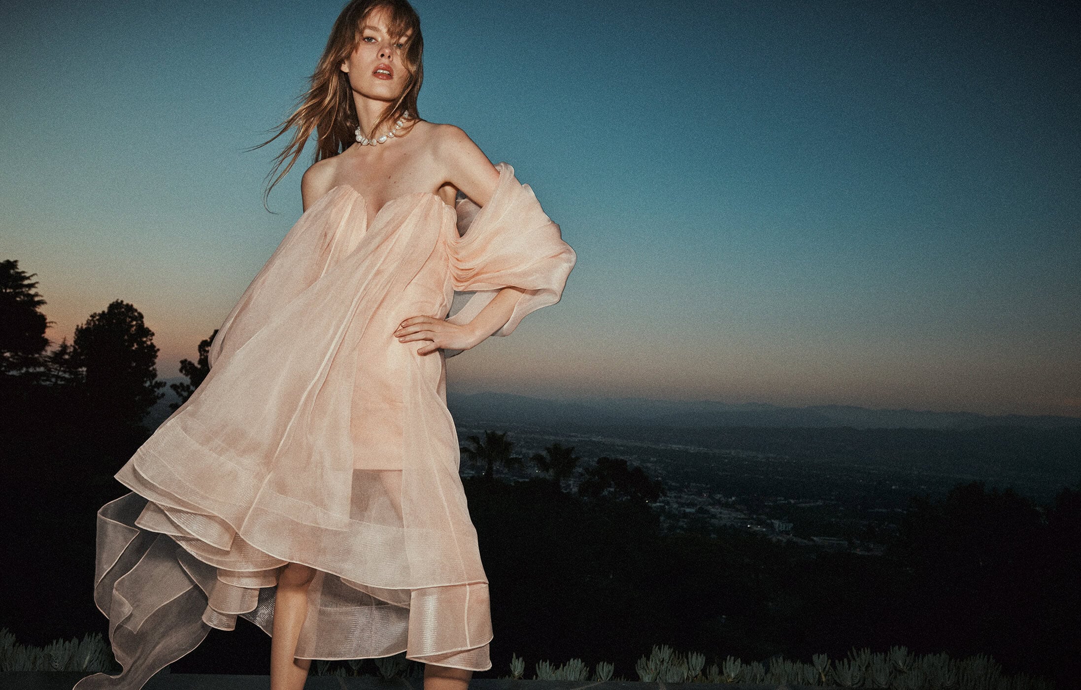 Model in a pale pink strapless ruffled dress standing outdoors against a twilight sky and distant city lights.