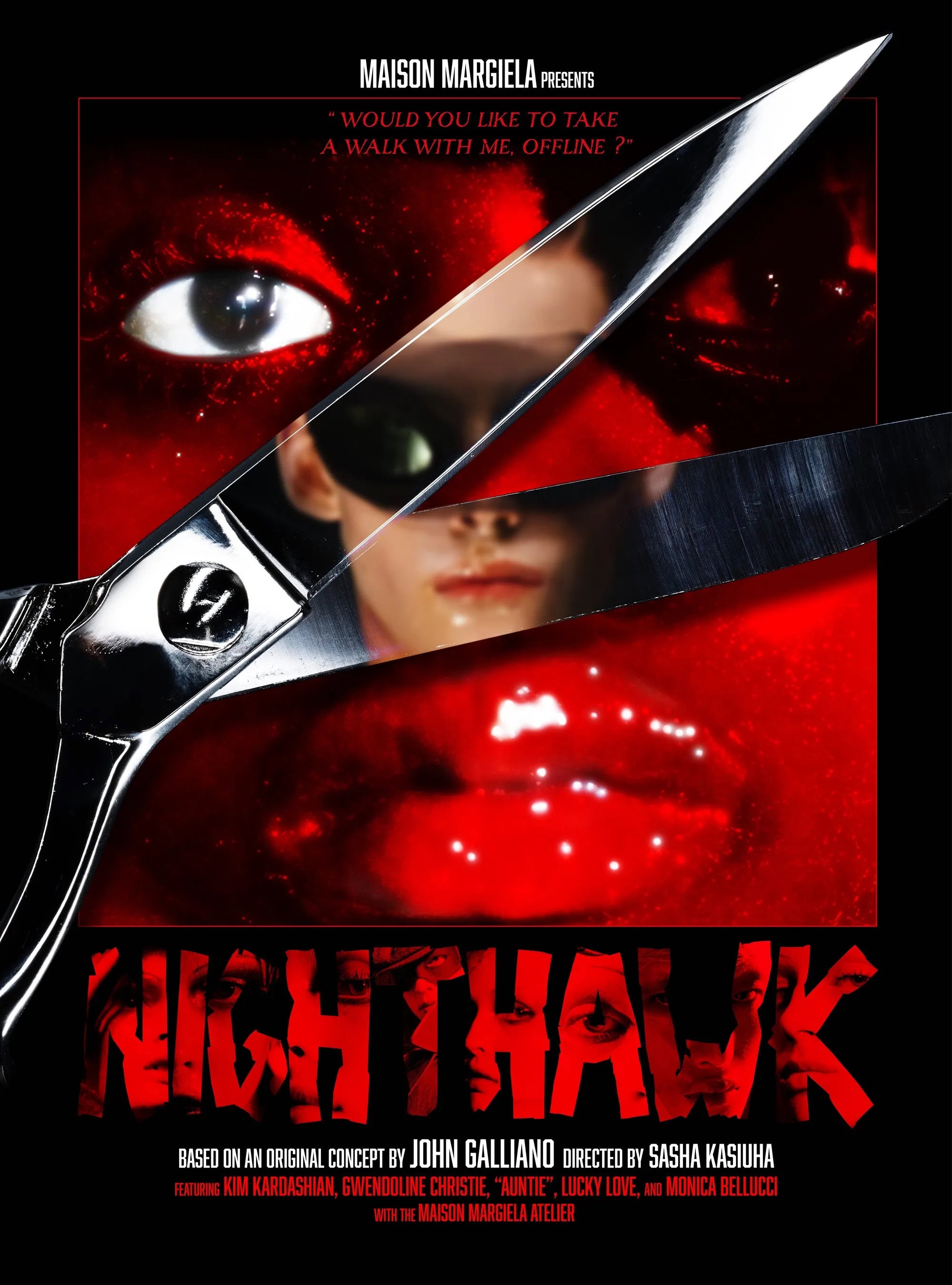 Close-up portrait poster overlayed with oversized silver scissors, featuring striking red lighting and bold typography.
