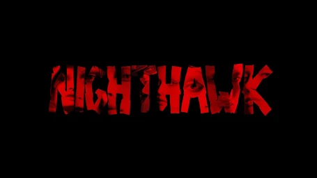 Bold red typographic title graphic reading NIGHTHAWK with faces visible inside the letterforms against a solid black background.