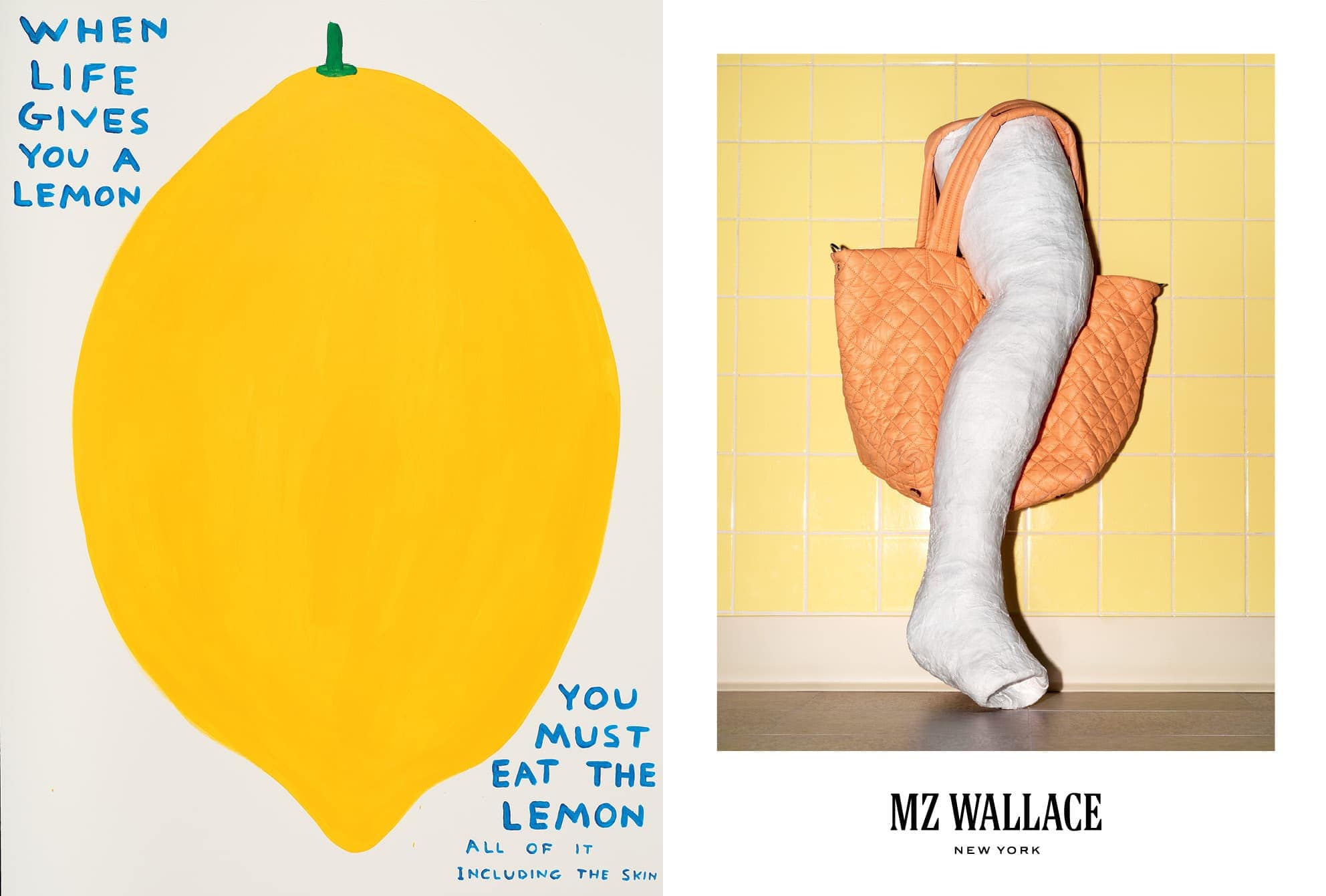 Diptych image featuring a yellow lemon illustration on left and an orange quilted tote bag holding a white cast leg on right.