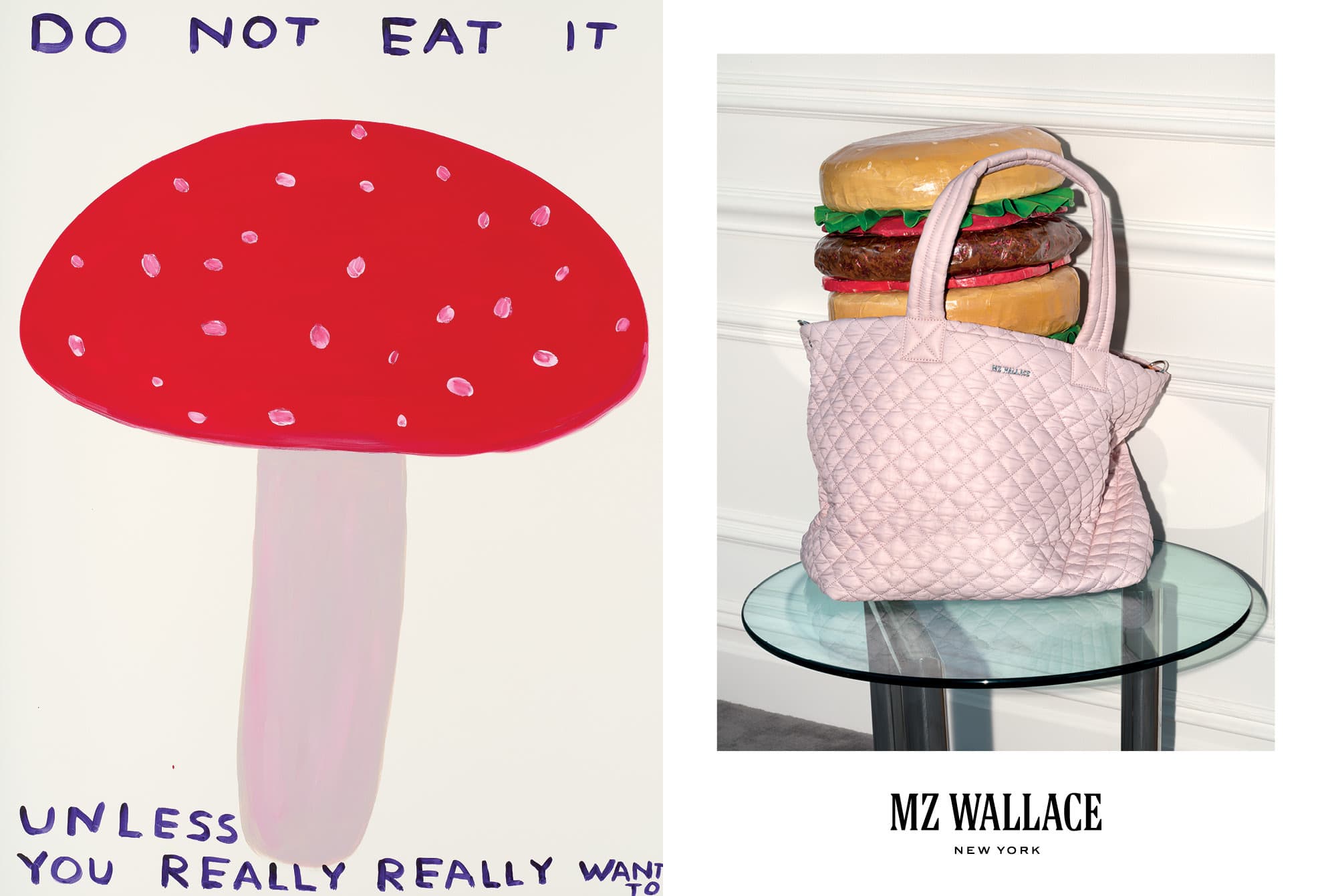 Pink quilted tote bag on a glass table with a giant prop burger behind it and text below