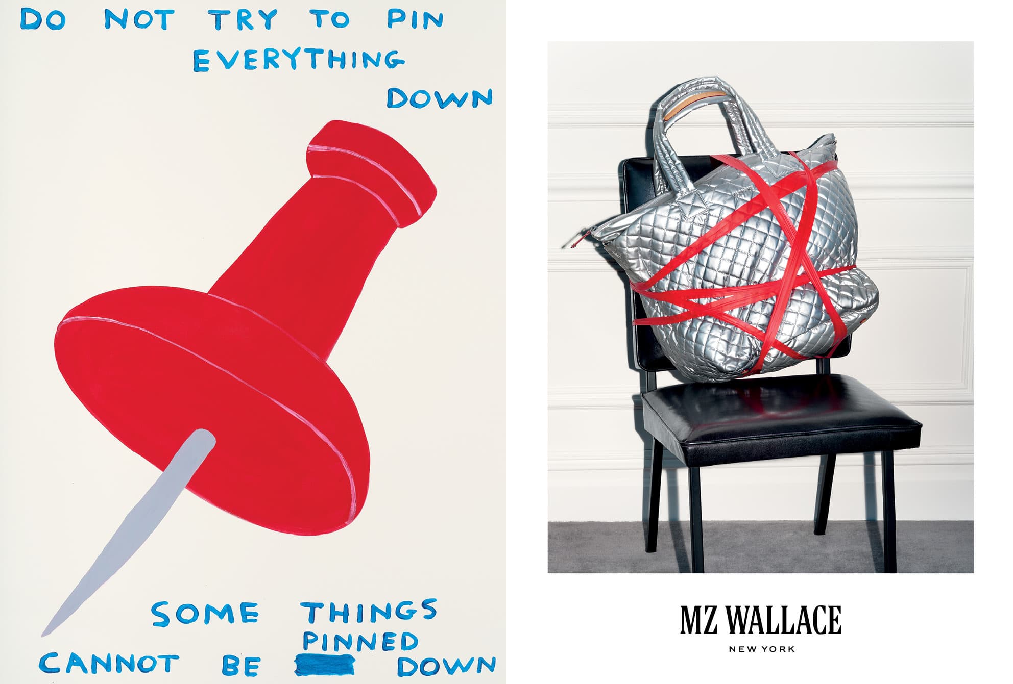 Silver quilted tote bag wrapped in red tape on a black chair beside a drawing of a red pushpin with handwritten text.
