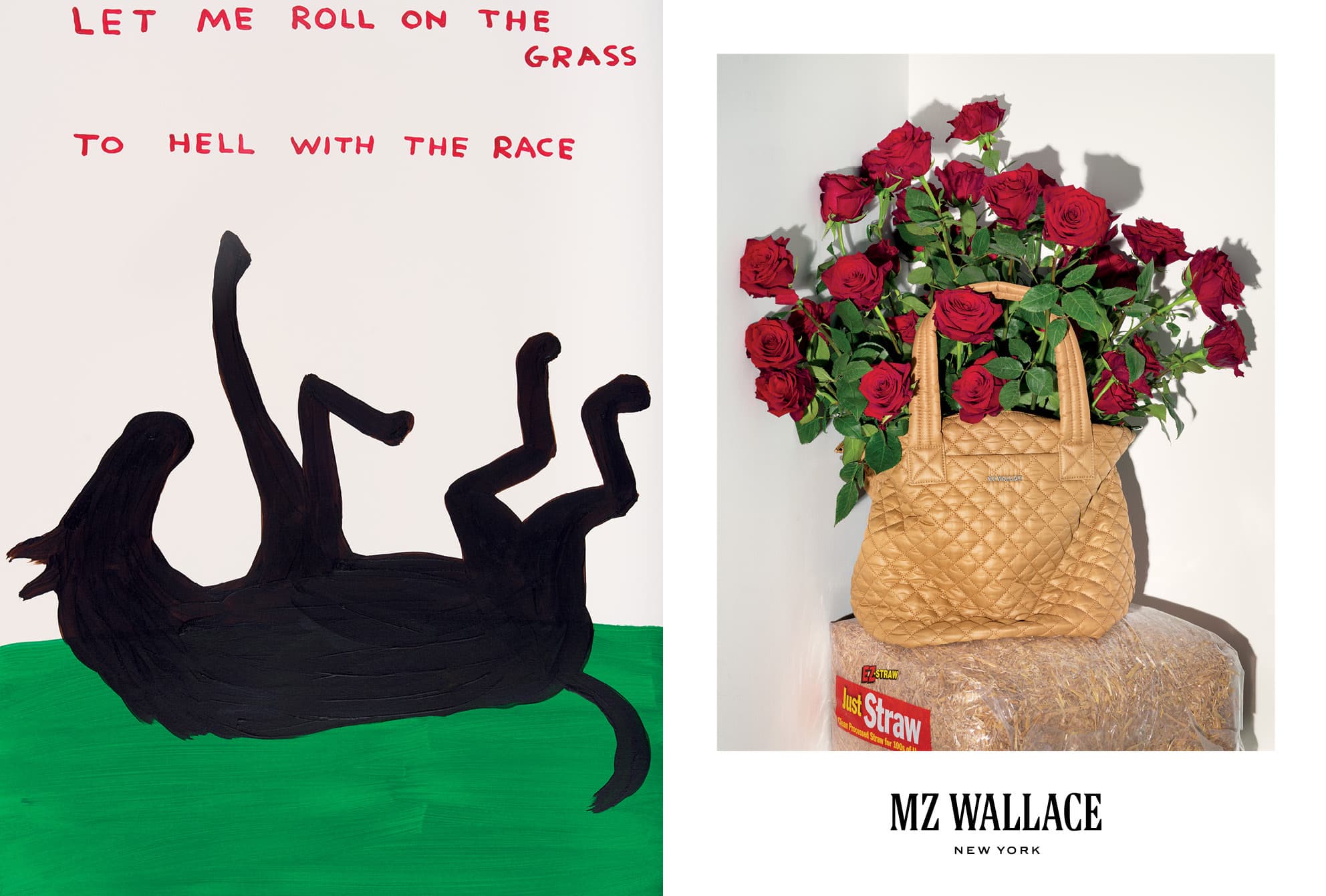 MZ Wallace tan quilted tote bag filled with red roses resting on straw bale against a white wall.