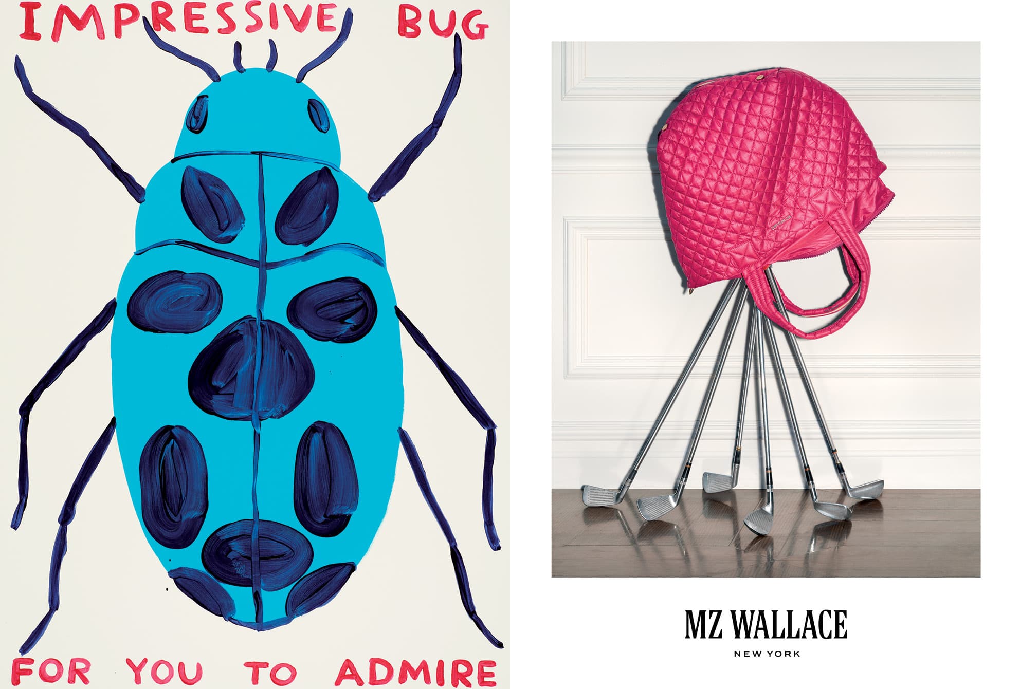 Bright pink quilted handbag balanced on a cluster of silver golf clubs against white wall and dark wood floor.