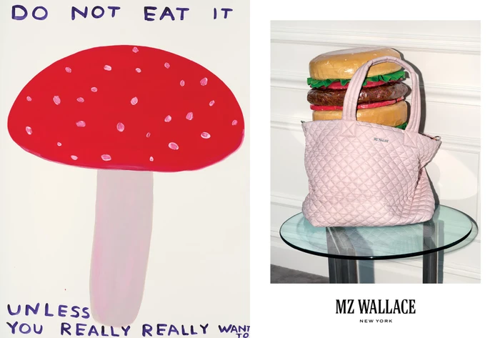 Pink quilted tote bag on a glass table with a giant prop burger behind it and text below