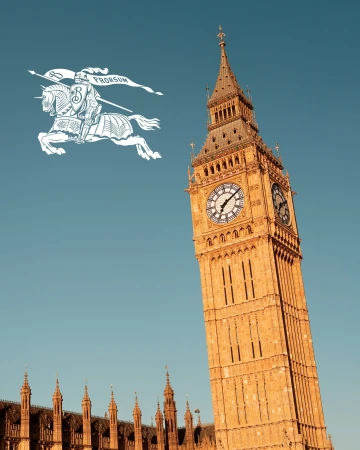 Big Ben clock tower under a clear sky with a large white Burberry equestrian knight logo superimposed in the upper left
