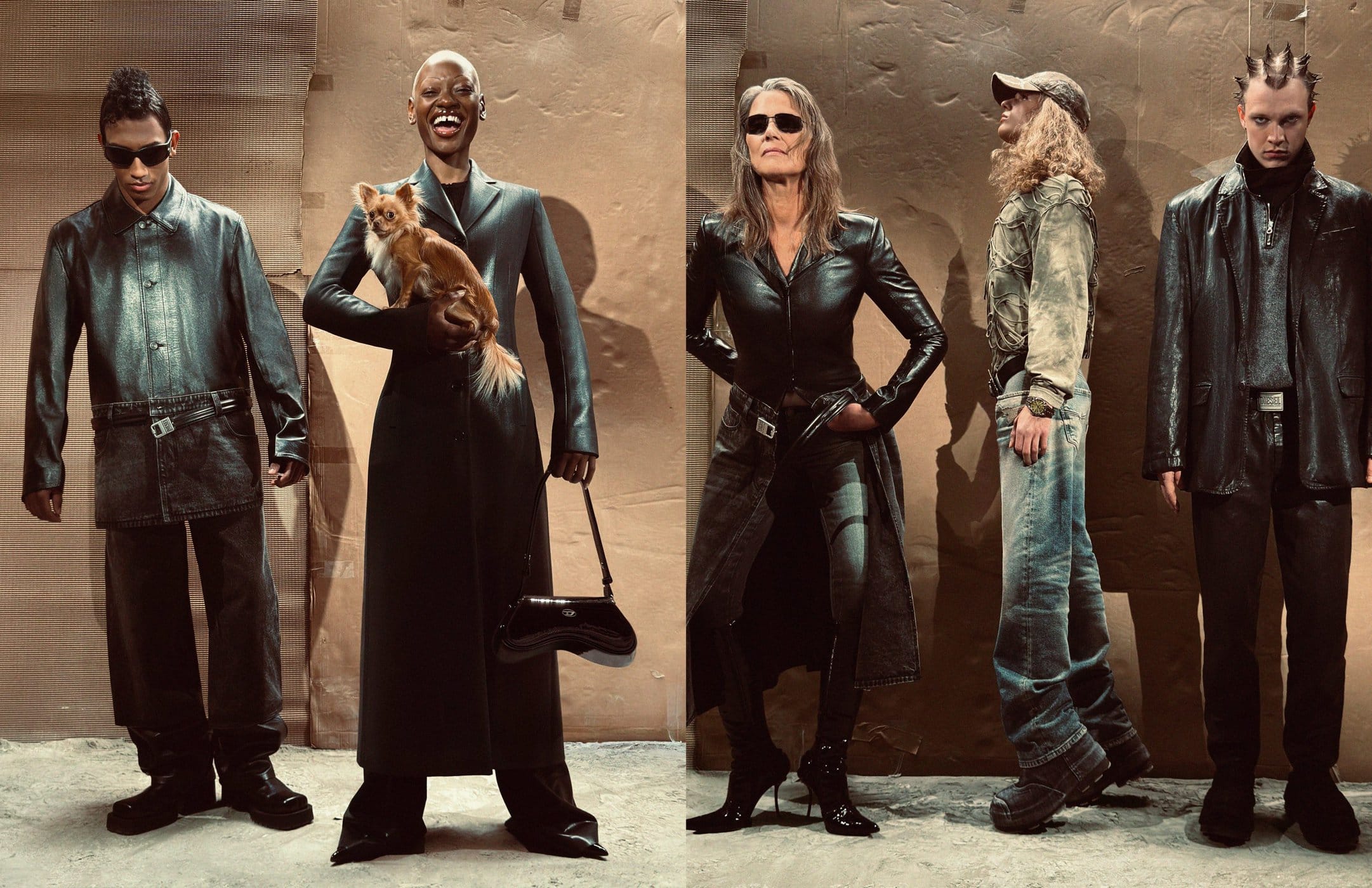 Five models posing against a textured brown backdrop for Diesel Fall 2024 ad campaign, photographed by Paul Kooiker.