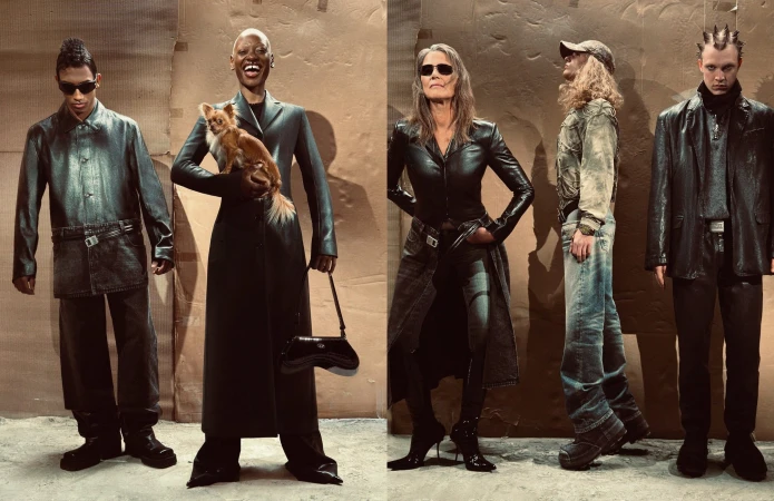 Five models posing against a textured brown backdrop for Diesel Fall 2024 ad campaign, photographed by Paul Kooiker.