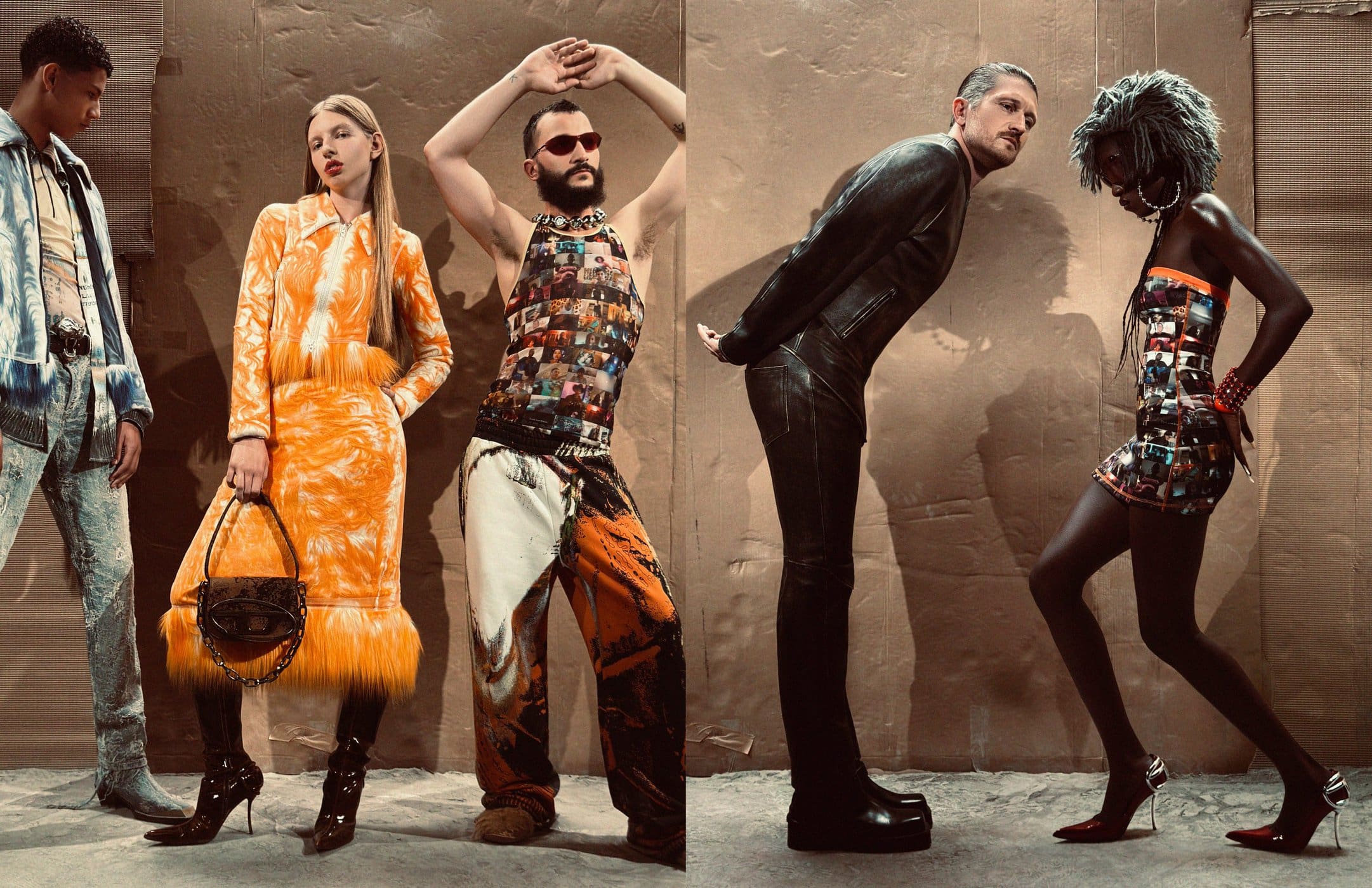 Five models posing against a textured brown backdrop for Diesel Fall 2024 ad campaign, photographed by Paul Kooiker.