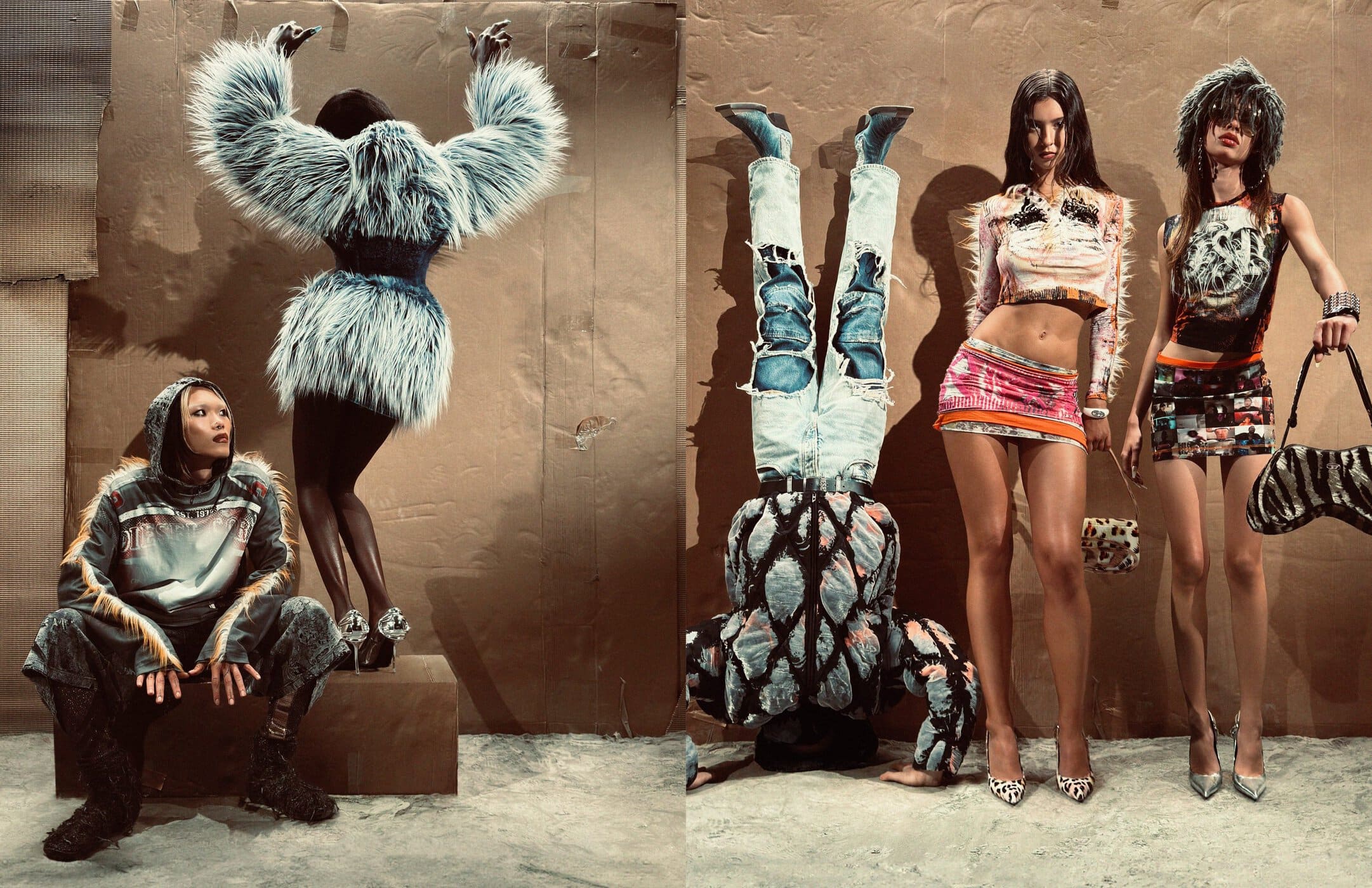 Group of models posing in a cardboard-lined studio for Diesel fall 2024 campaign, photographed by Paul Kooiker.