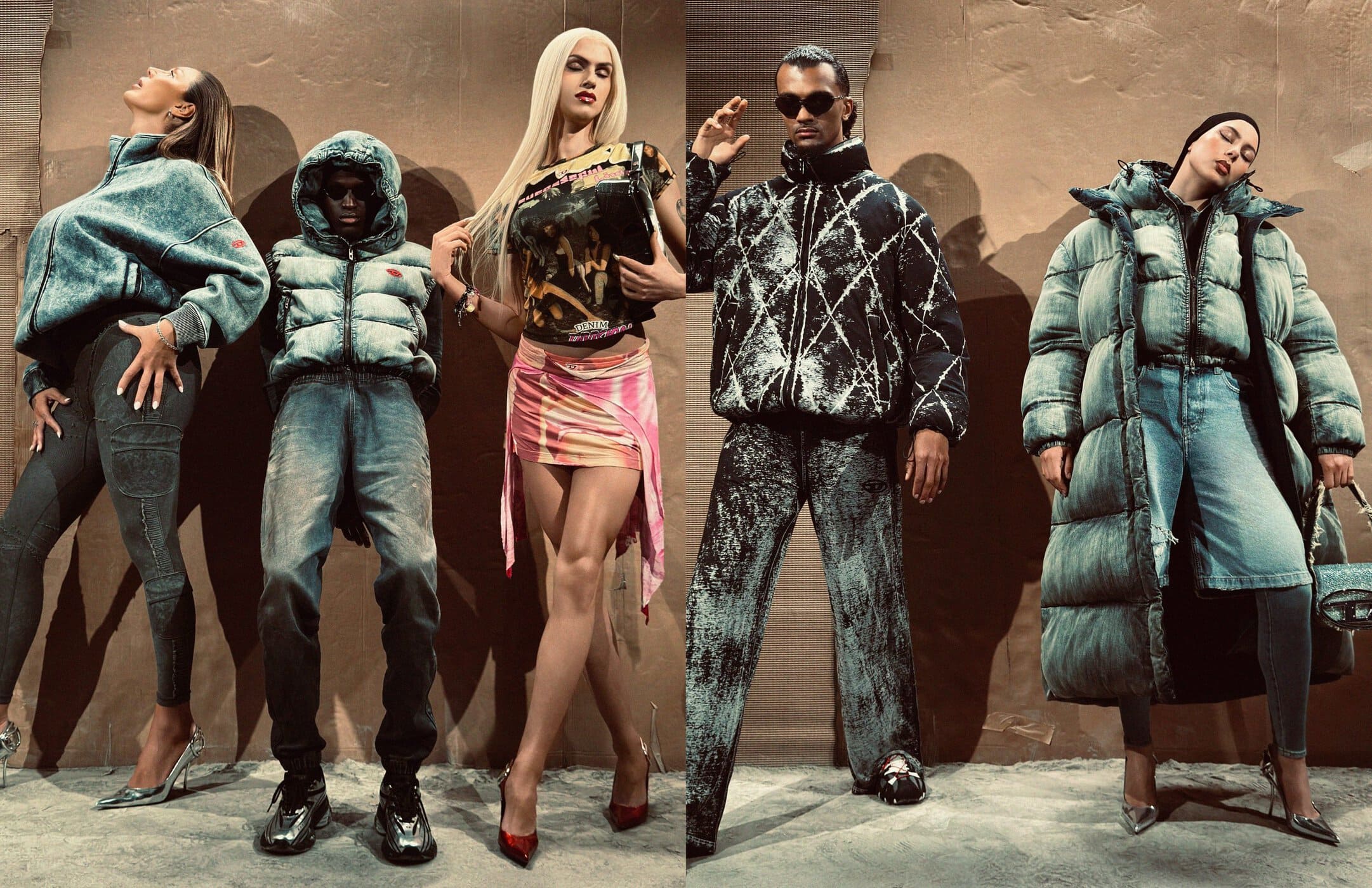 Five models posing in streetwear and denim outerwear against a textured concrete wall backdrop