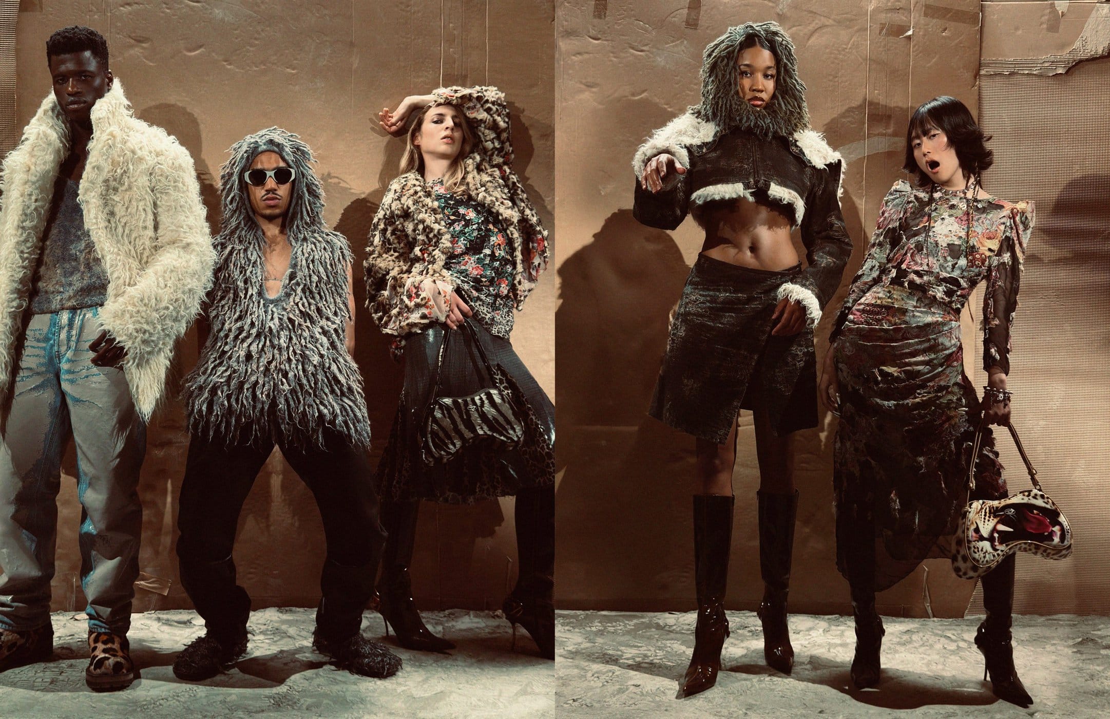 Group of models in textured winter outerwear and boots posing against a rustic cardboard backdrop