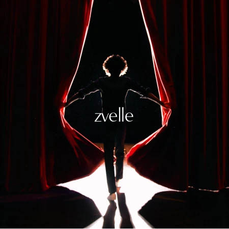 A silhouetted person opening heavy red stage curtains with bright backlight filtering through, creating a dramatic halo effect.