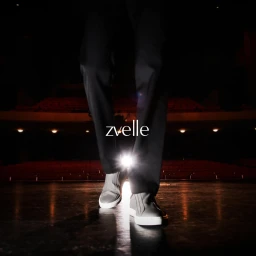 Model wearing dark trousers and sneakers standing on a lit stage with rows of red auditorium seats in the background