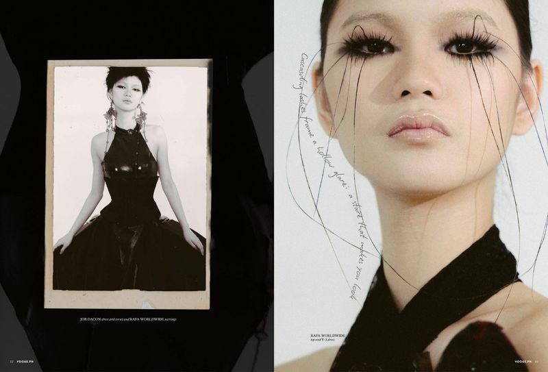Editorial shot of a woman with long, graphic eyelashes and dark halter-top dress with a black and white portrait inset image.