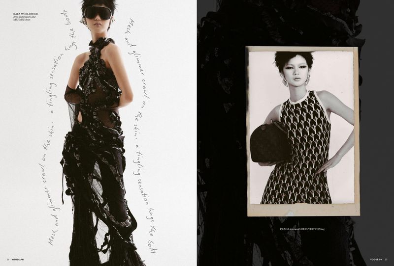 A high-fashion editorial spread showcases a young adult female model in two different poses and dresses against a black and white backdrop.