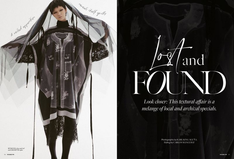 Fashion editorial shot: A woman in a dark, layered outfit with a sheer veil, posing against a gradient background, contrasted with magazine layout.