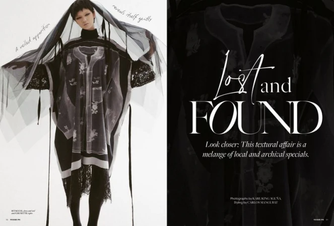 Fashion editorial shot: A woman in a dark, layered outfit with a sheer veil, posing against a gradient background, contrasted with magazine layout.