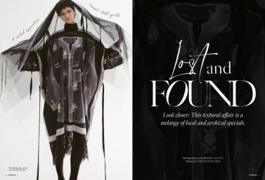 Model in black tunic dress with sheer overlay and veil for Vogue Philippines editorial