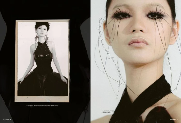 Close-up portrait of a model with elongated dramatic eyelashes and dark eye makeup for Vogue Philippines Lost and Found editorial.