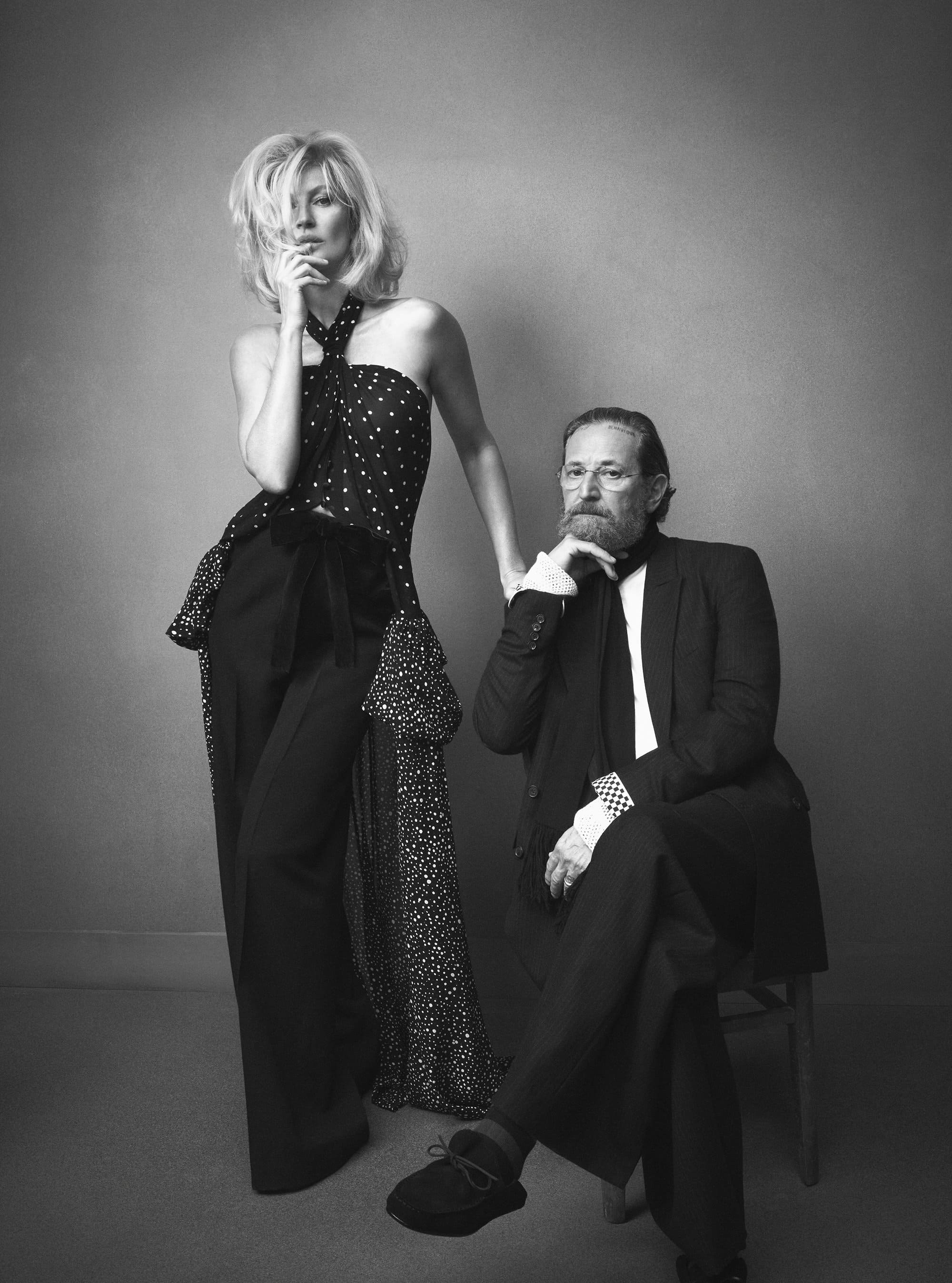 Gisele Bündchen and Stefano Pilati in a black and white fashion studio portrait for the Zara Fall 2024 campaign.