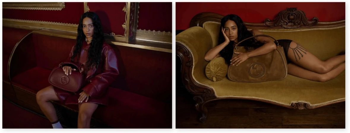Model holding a burgundy leather handbag sitting on a red velvet banquette next to another reclining on a green velvet sofa