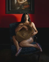 Model seated in a blue upholstered armchair holding a large olive green handbag against a red wall with framed painting