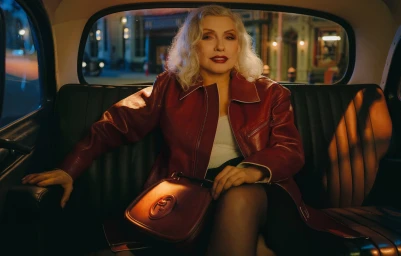 Debbie Harry seated in the back of a vintage London taxi wearing a red leather jacket and holding a dark handbag.