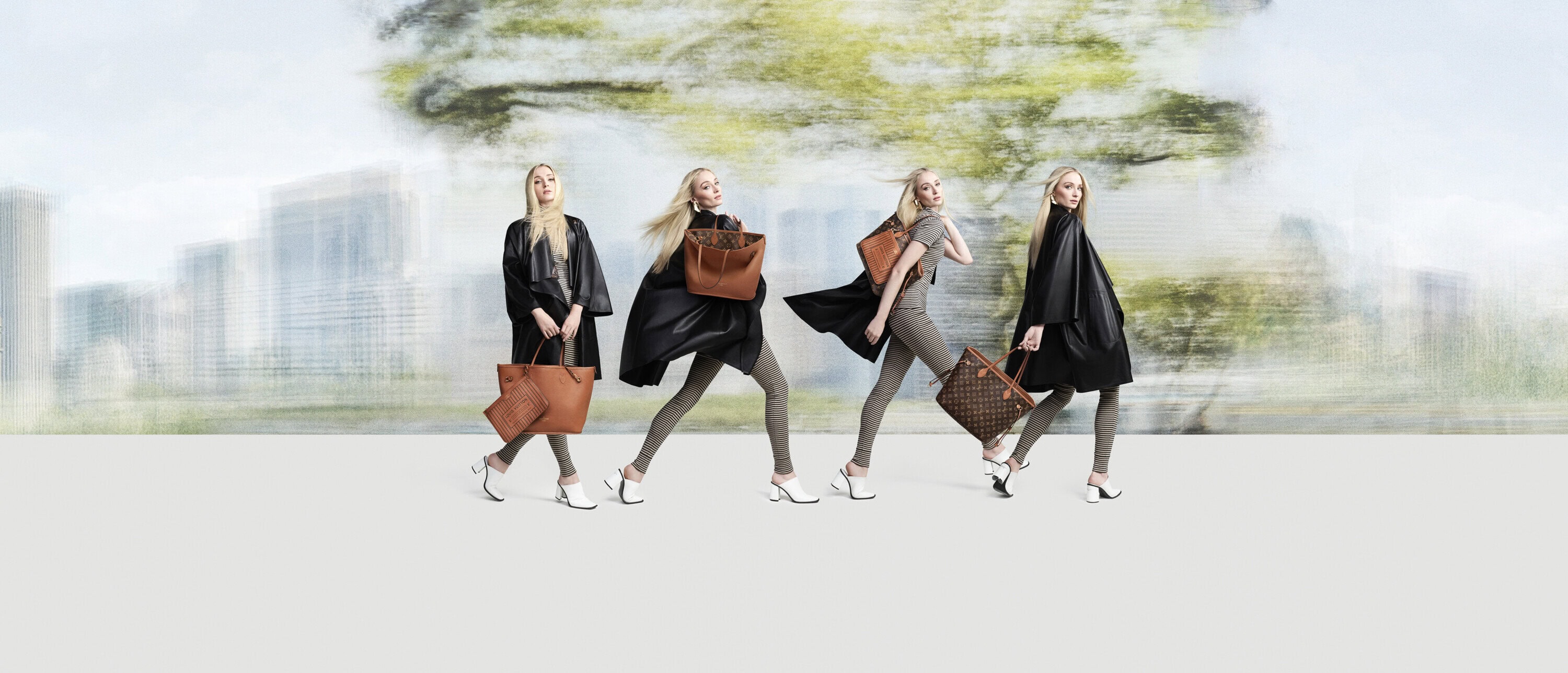 Four repeating figures of Sophie Turner walking across a grey and white backdrop holding Louis Vuitton tote bags