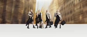Sophie Turner poses multiple times in Louis Vuitton fall 2024 ad campaign against a blurred urban backdrop holding Neverfull bags.
