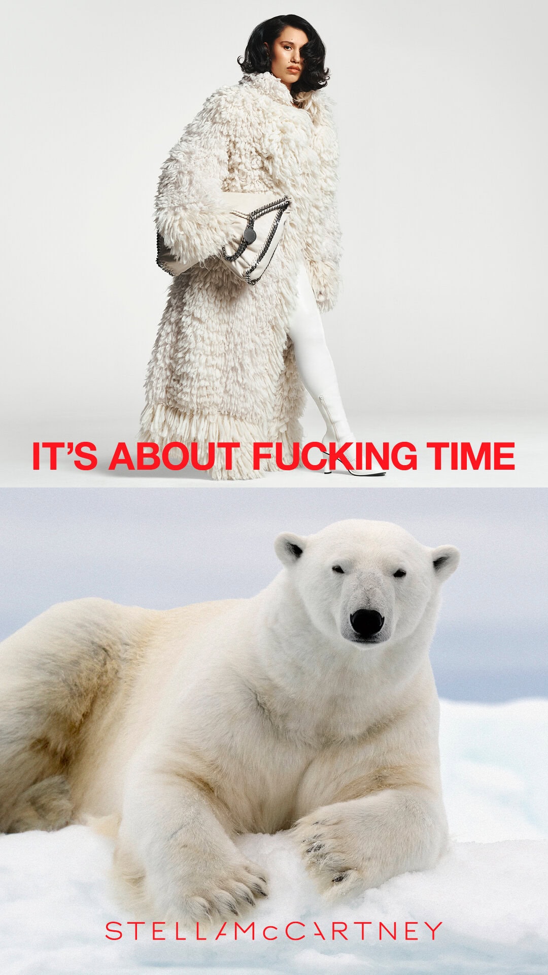 Model in white shaggy coat holding handbag above polar bear lying on snow, for Stella McCartney Winter 2024 campaign