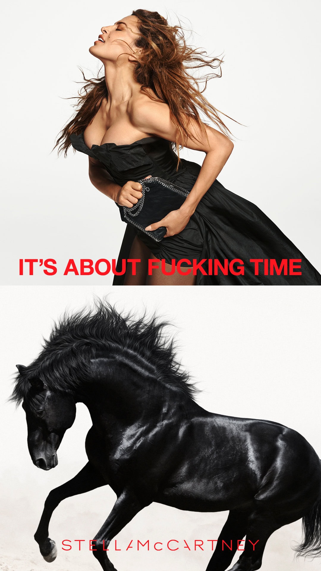 Eva Mendes wearing a black strapless gown and holding a handbag in an ad campaign by Stella McCartney shot by Ethan James Green.
