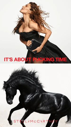 Eva Mendes wearing a black strapless gown and holding a handbag in an ad campaign by Stella McCartney shot by Ethan James Green.