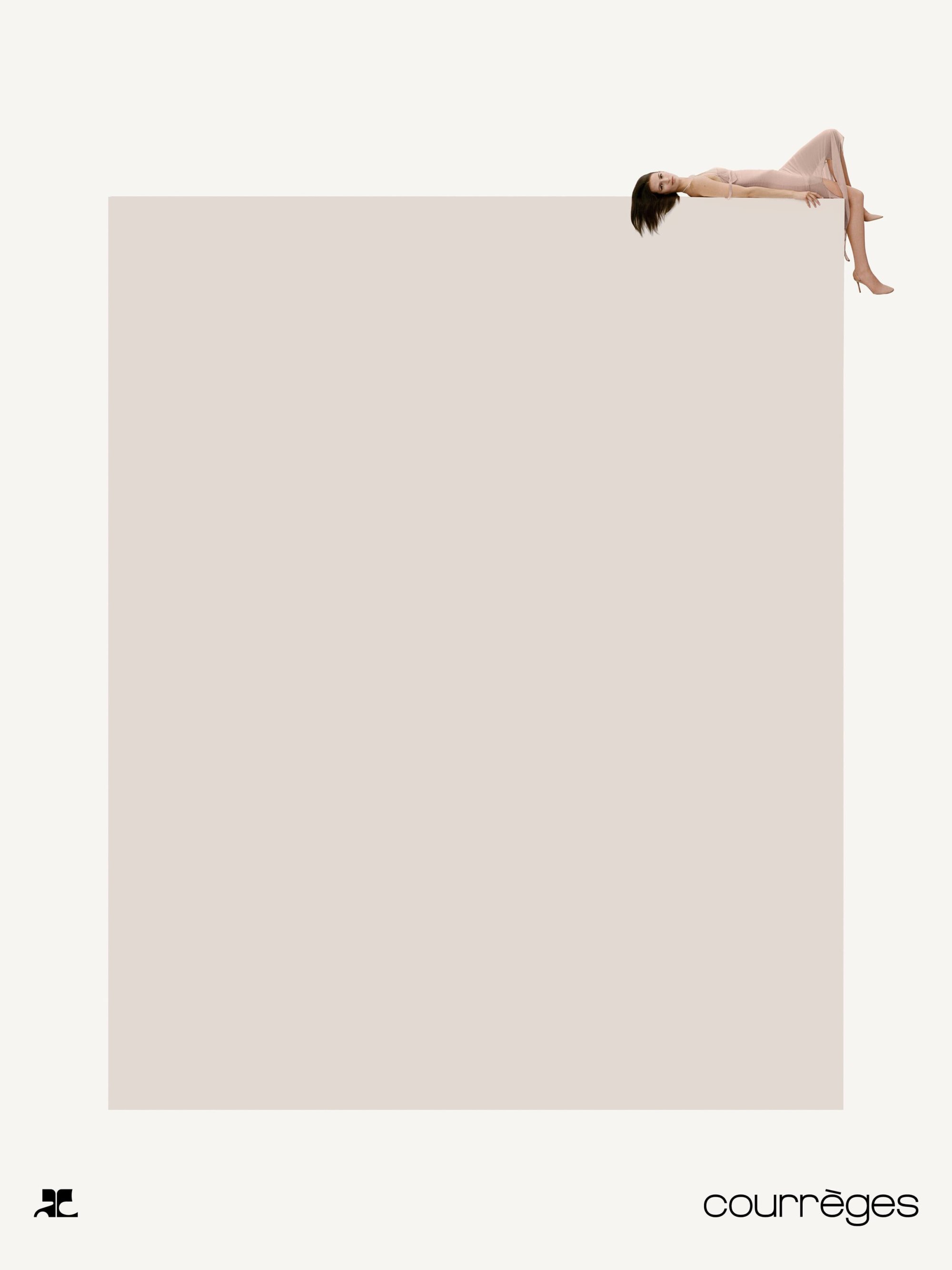 Model lying on the edge of a minimal block against a white background for the Courrèges Fall 2024 campaign