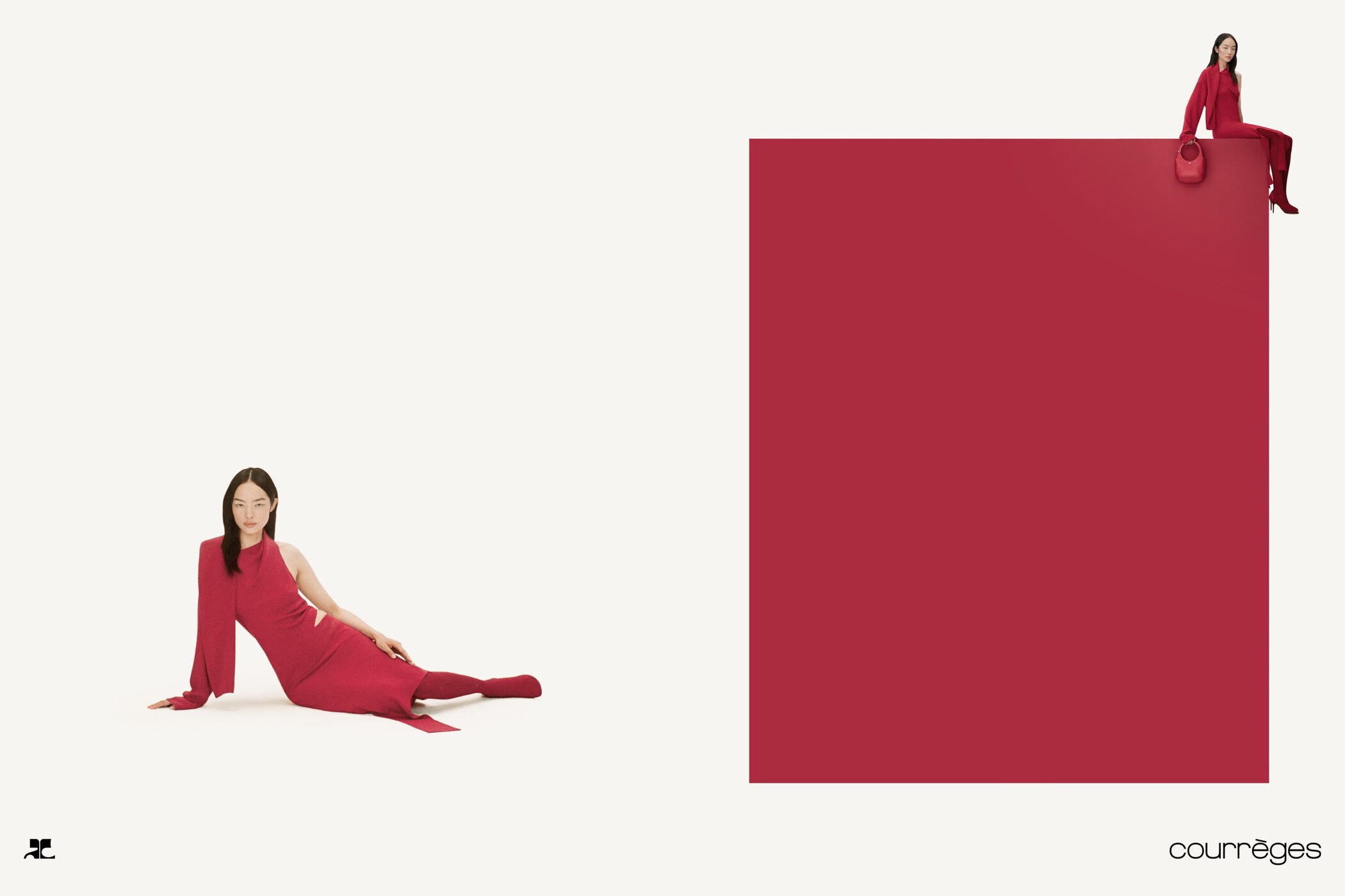 Model wearing a red dress seated against a clean white background with a large red square graphic element.
