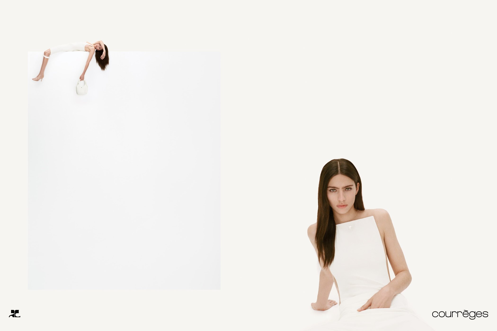 Model in white dress reclining against a minimalist white studio background for Courreges Fall 2024 ad campaign