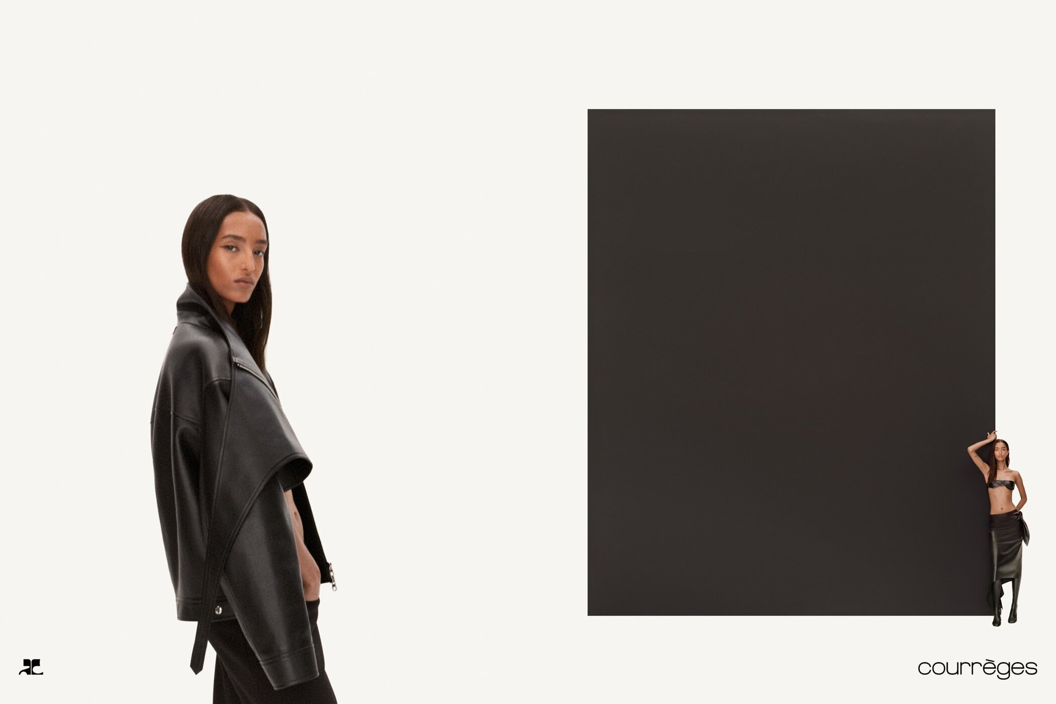 Model wearing a black leather jacket against a stark white backdrop with a large dark square panel and a smaller inset figure