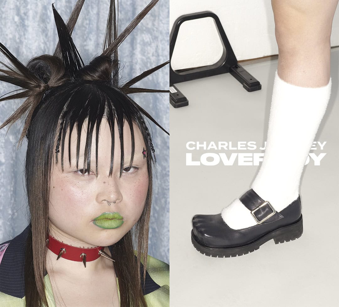 Close-up portrait of a model with spiked dark hair and green lipstick alongside a shot of a black buckled shoe and white sock