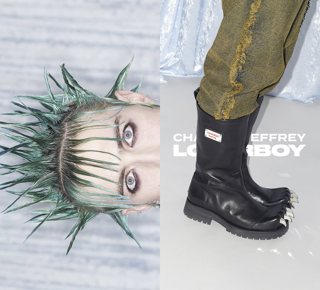 Model wearing black leather boots with claw details and textured green spiky hair for Charles Jeffrey Loverboy.