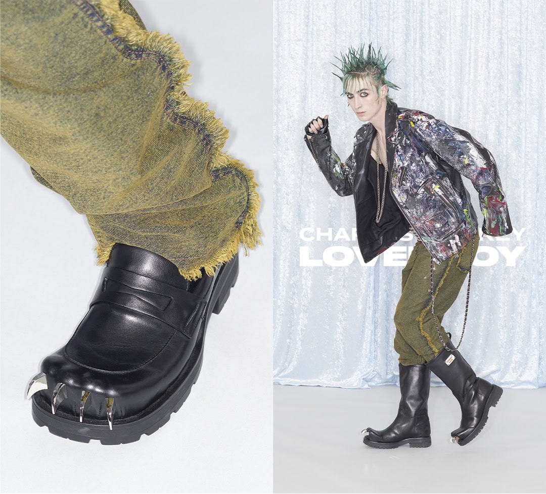 Split view showing a close-up of a black leather loafer with metal claws and a model in a punk jacket with spiked boots