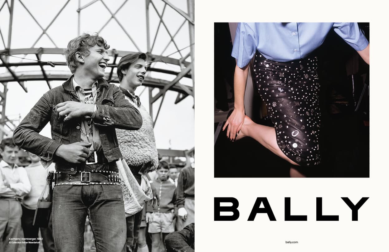 Black and white split composition featuring laughing young men on the left and a model in a blue shirt on the right for Bally.