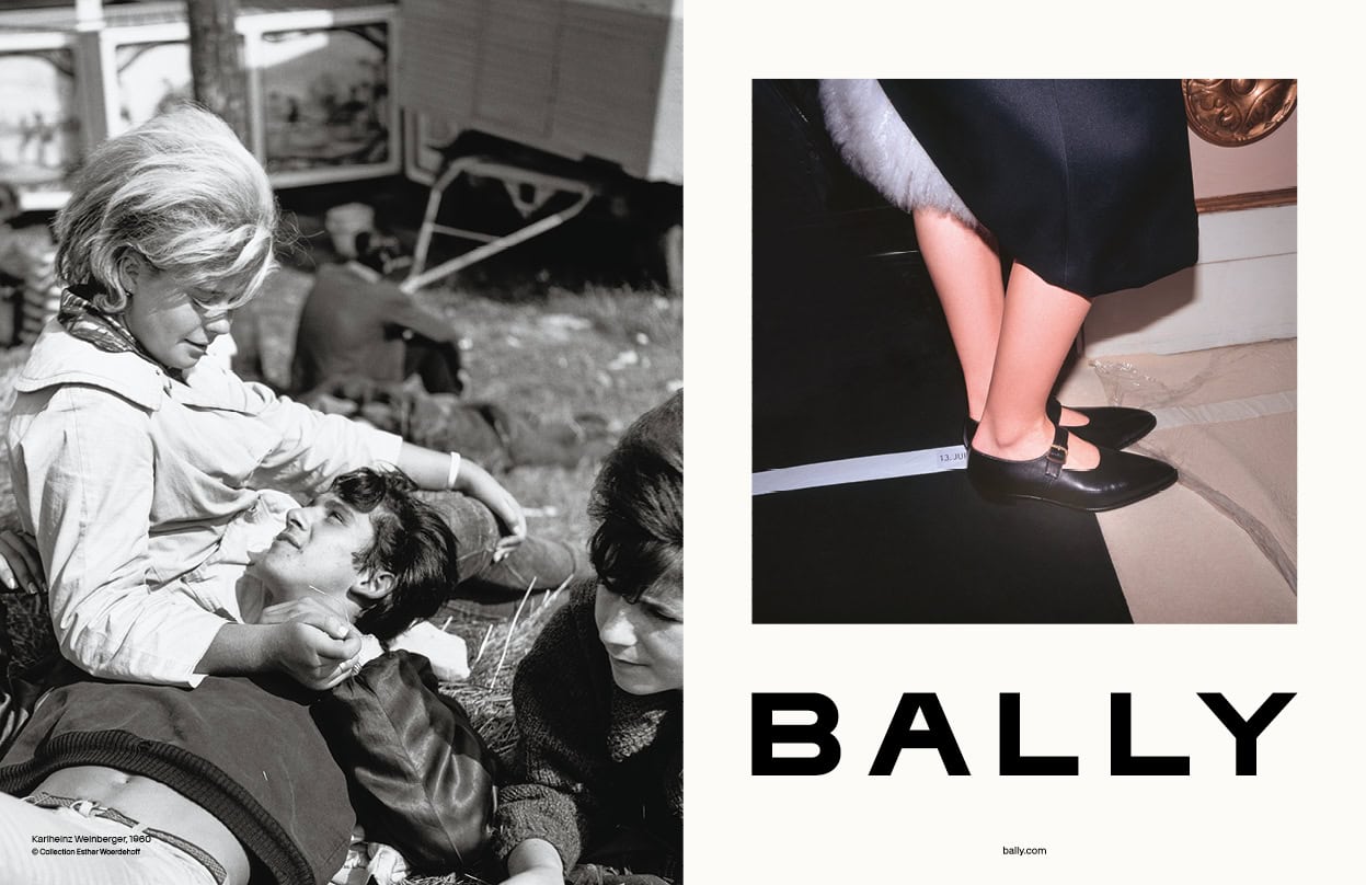Black and white split image showing people outdoors on the left and a close-up of feet in dark Mary Jane shoes with Bally text on the right.