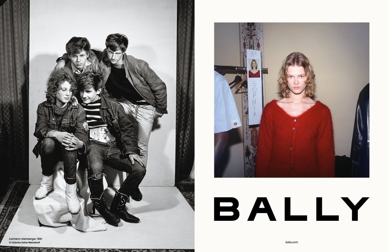 Split view featuring a black-and-white group portrait on the left and a model in a red cardigan on the right for Bally.