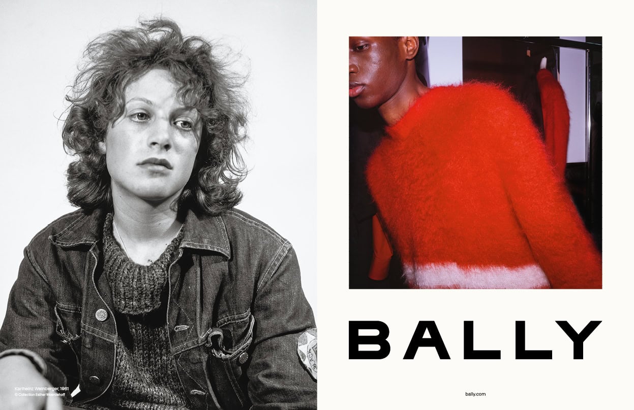 Diptych layout featuring a black and white portrait on the left and a color fashion photograph on the right for Bally Fall 2024.