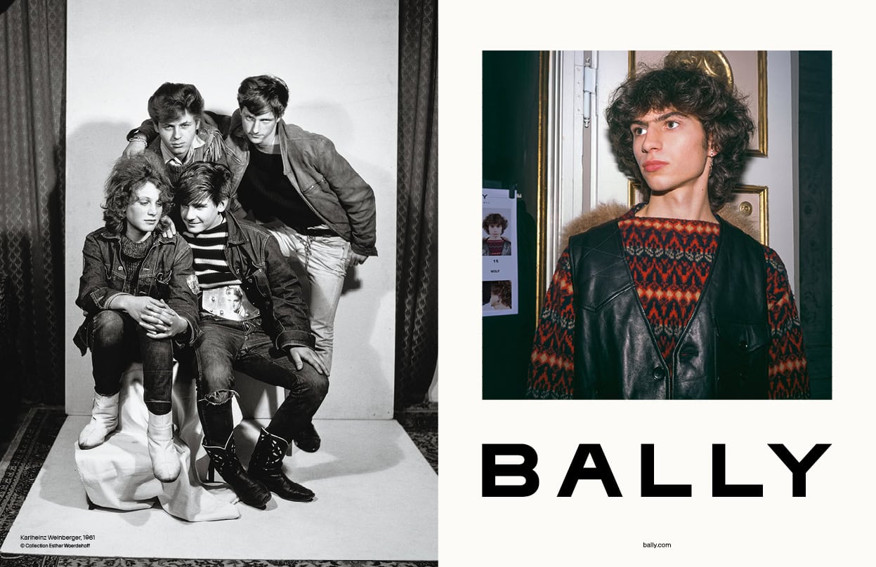 Bally Fall 2024 ad campaign spread featuring group portraits of young models and a close-up portrait with bold logo branding