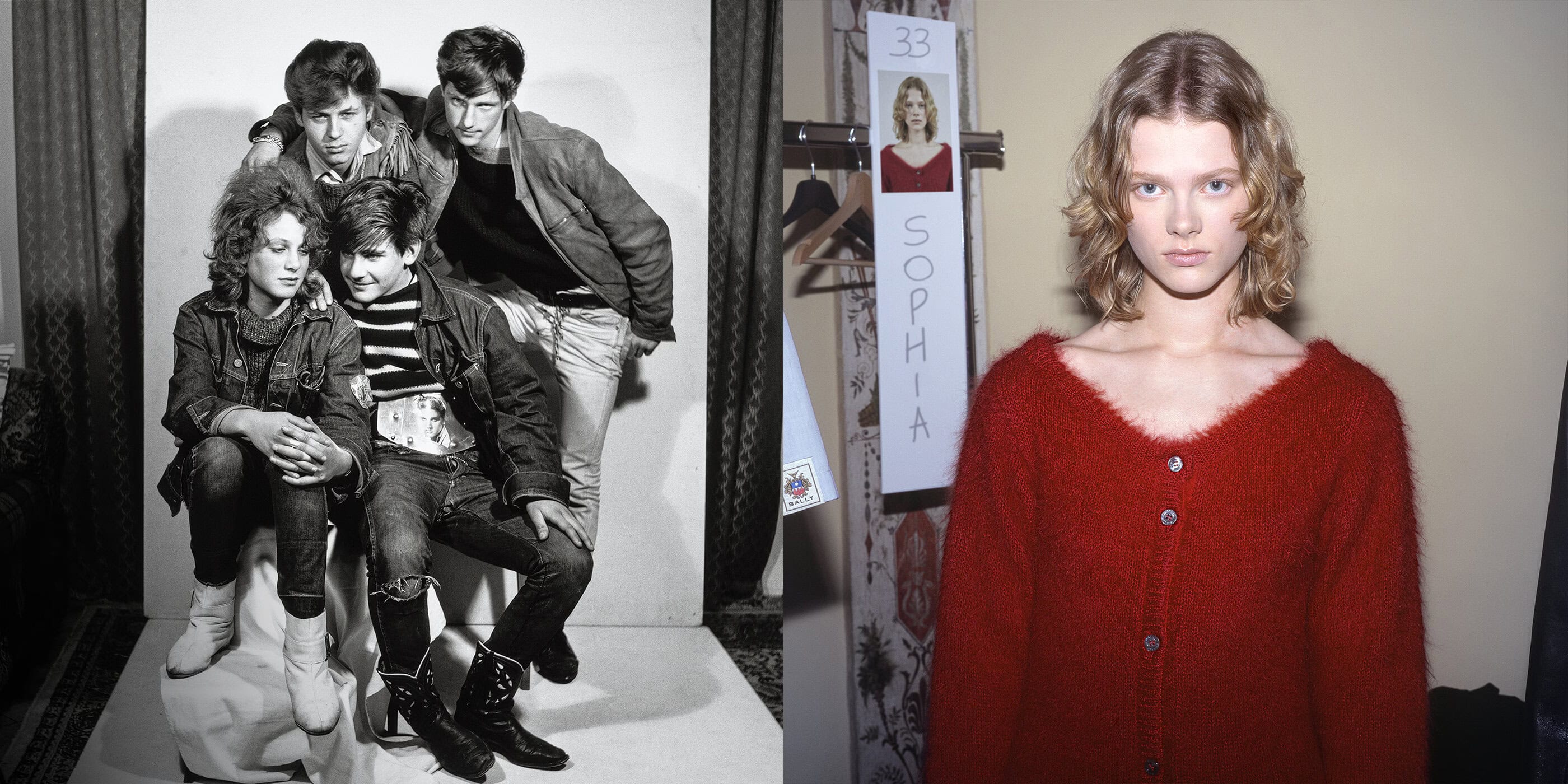 Model wearing a fuzzy red cardigan in a backstage setting for the Bally Fall 2024 campaign
