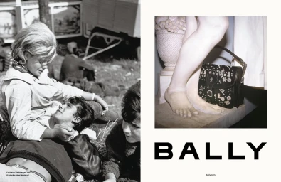Split-screen advertising campaign image for Bally featuring a black studded handbag beside bare feet and a black and white outdoor scene.